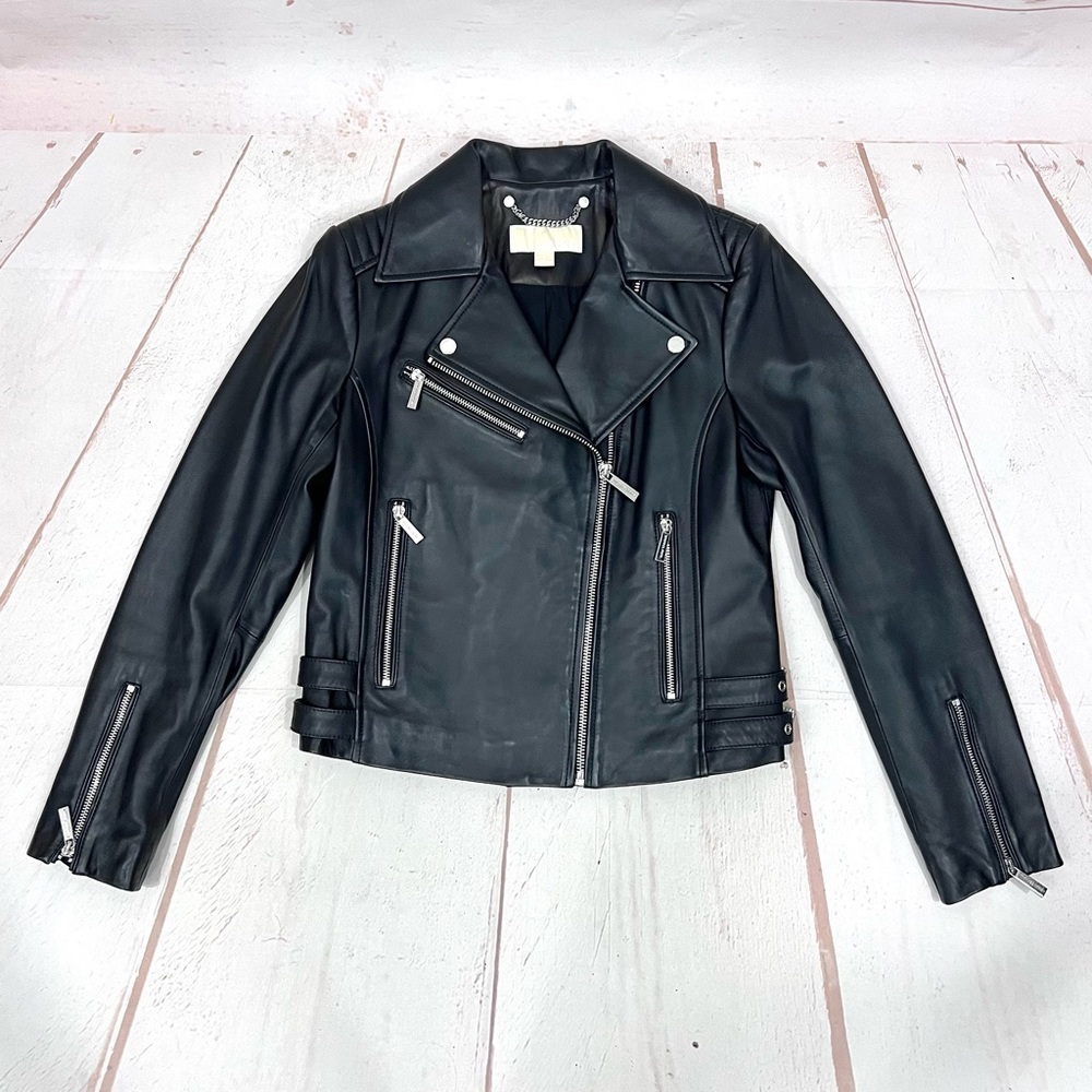 Michael Kors Quilted Leather Moto Jacket Asymmetrical Zip Buckle Genuine - Picture 15 of 16